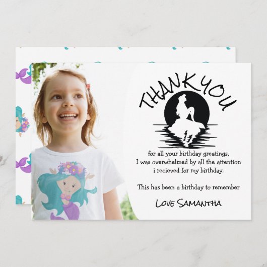 人魚のピンクとパープルの誕生日パーティー、ありがとうございました！ 招待状 (正面/裏面)