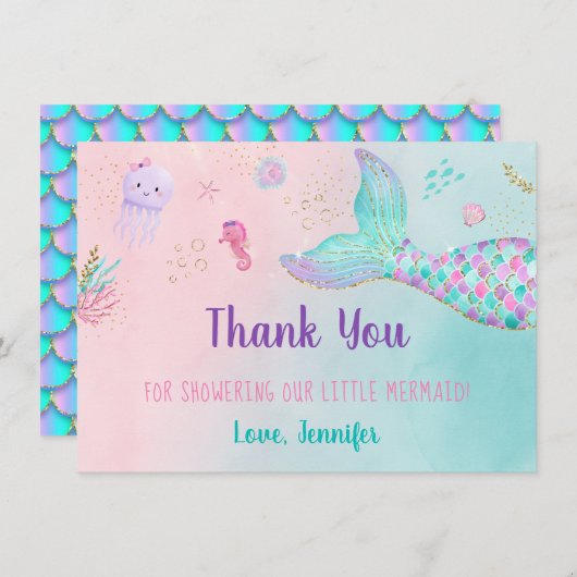 人魚のピンクの金ゴールドが海の赤ん坊のシャワーの下 サンキューカード (正面/裏面)