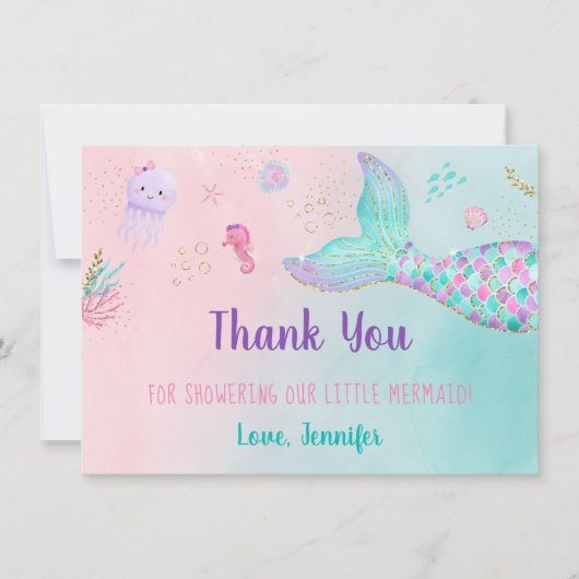 人魚のピンクの金ゴールドが海の赤ん坊のシャワーの下 サンキューカード (正面)