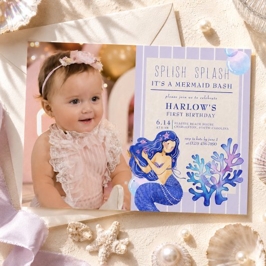 人魚のファーストバースデー写真 Splish Splash Mermaid Bash 招待状