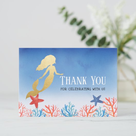 人魚のフェイクな金ゴールドホイル|の青色児のシャワー サンキューカード (スタンド正面)