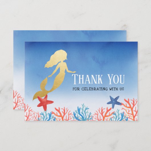 人魚のフェイクな金ゴールドホイル|の青色児のシャワー サンキューカード (正面/裏面)