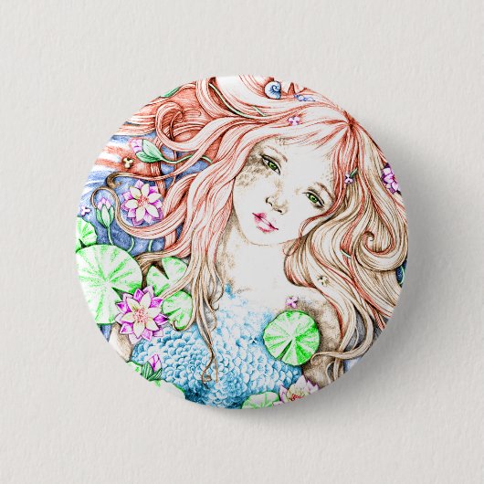 人魚のプリンセスの水彩画 缶バッジ (正面)