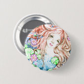 人魚のプリンセスの水彩画 缶バッジ (正面&裏面)