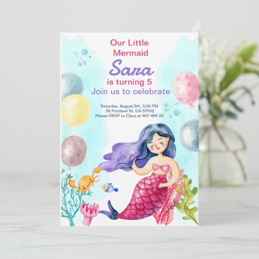 人魚のプリント可能な誕生日招待状ギフト 招待状 (スタンド正面)