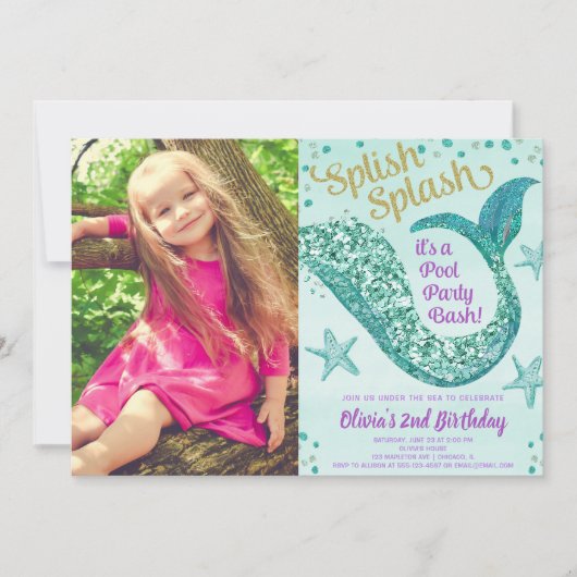 人魚のプールを囲んでのパーティの誕生日のティール（緑がかった色）の金ゴールドの紫色の写真 招待状 (正面)