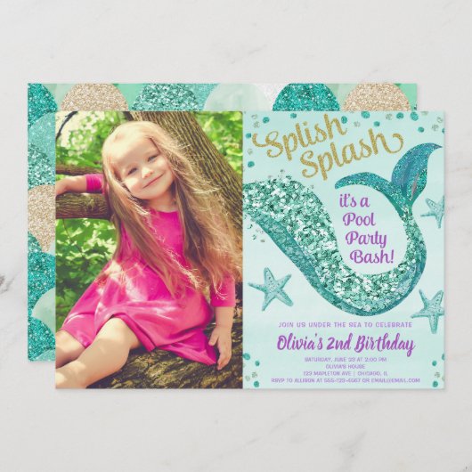 人魚のプールを囲んでのパーティの誕生日のティール(緑がかった色)の金ゴールドの紫色の写真 招待状 (正面/裏面)