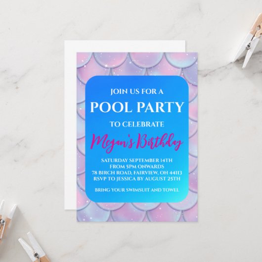人魚のプールパーティーの招待状 招待状 (正面/裏面インサイチュ)
