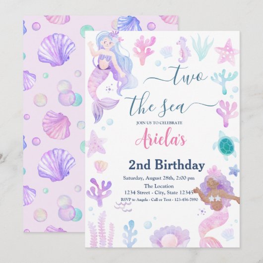 人魚のプールパーティー 2歳の誕生日おめでとう 招待状 (正面/裏面)