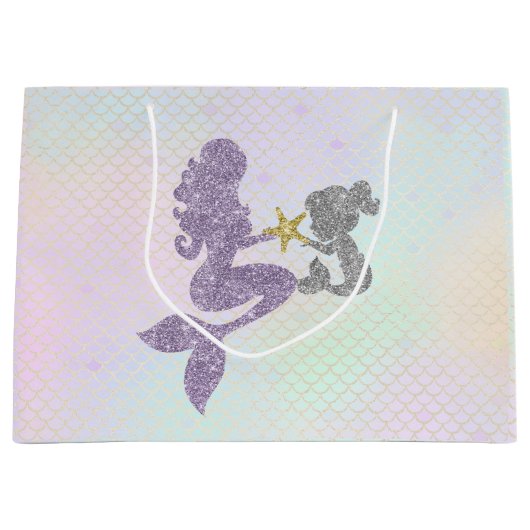 人魚のベビーシャワーのギフトバッグのグリッターの人魚 ラージペーパーバッグ (正面)