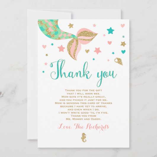 人魚のベビーシャワーのサンキューカードの人魚のベビー サンキューカード (正面)