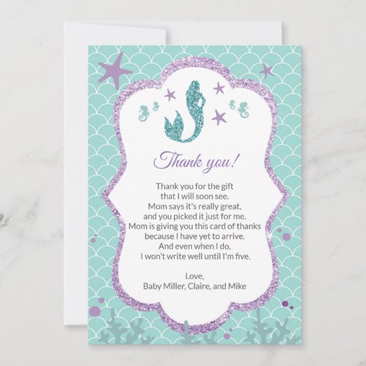 人魚のベビーシャワーのサンキューカードの紫色のティール(緑がかった色) サンキューカード (正面)
