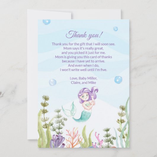 人魚のベビーシャワーのサンキューカードの紫色の青 サンキューカード (正面)