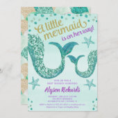 人魚のベビーシャワーの女の子、ティール（緑がかった色）の金ゴールドのグリッターの尾 招待状 (正面/裏面)