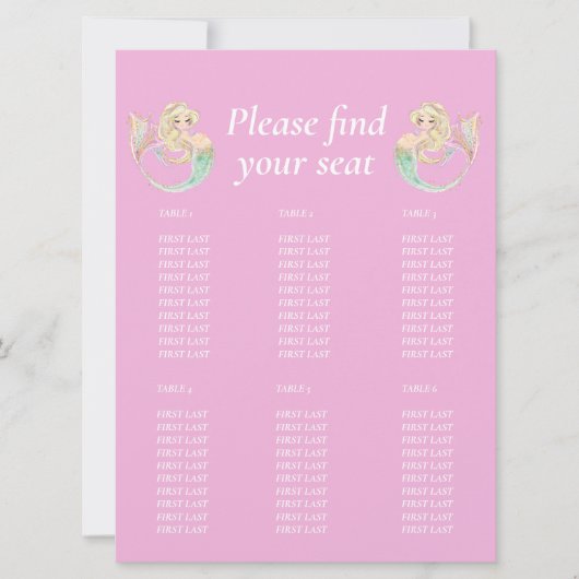 人魚のベビーシャワー。ピンクのテーブルチャート 招待状 (正面)