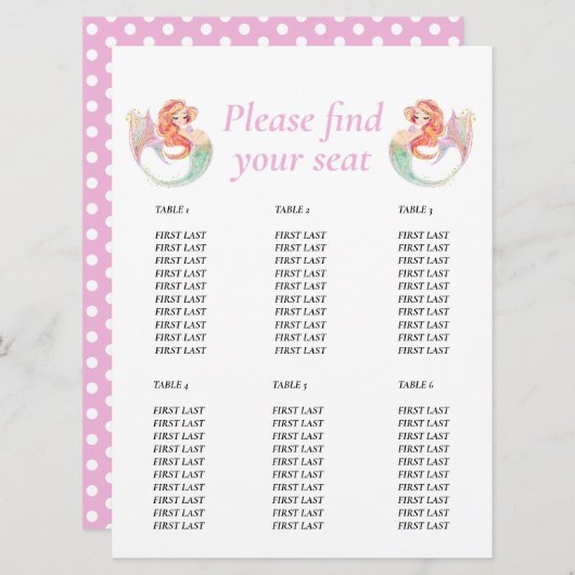 人魚のベビーシャワー。海の下のテーブルチャート 招待状 (正面/裏面)