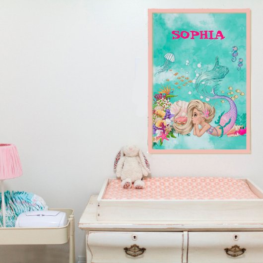 人魚の光る髪 ピンクのキュートなヒトデ ポスター