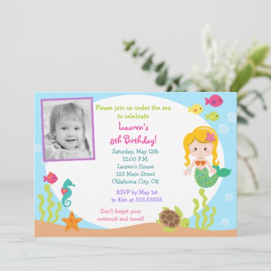 人魚の写真の誕生日のパーティの招待状 招待状 (スタンド正面)