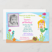 人魚の写真の誕生日のパーティの招待状 招待状 (正面/裏面)