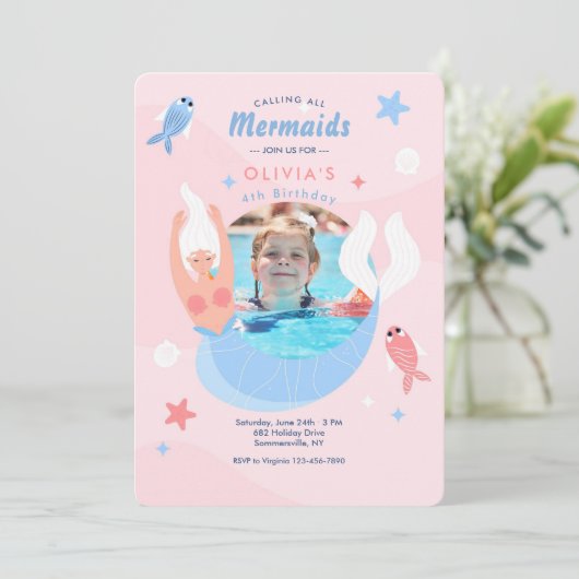 人魚の写真立て誕生日パーティー 招待状 (スタンド正面)
