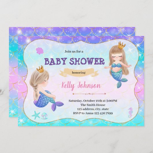 人魚の双子のベビーシャワーの招待 招待状 (正面/裏面)