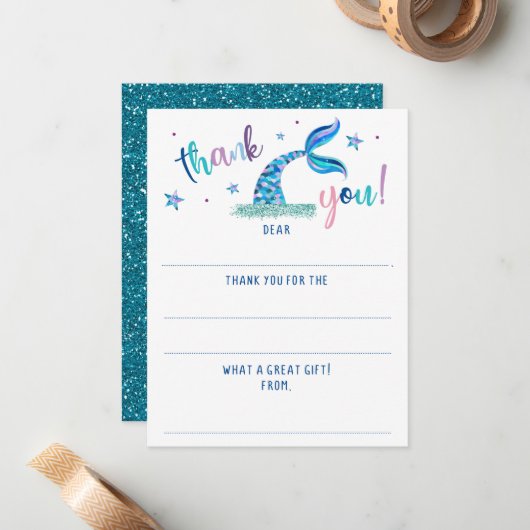 人魚の塗りつぶしグリッター感謝カード ノートカード (正面/裏面インサイチュ)