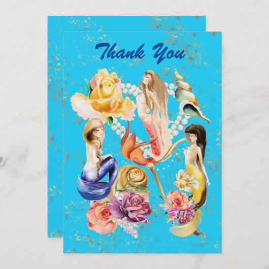 人魚の夢ロマンチックな花とパール サンキューカード (正面/裏面)