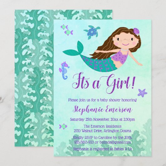 人魚の女の子のベビーシャワー招待状 招待状 (正面/裏面)