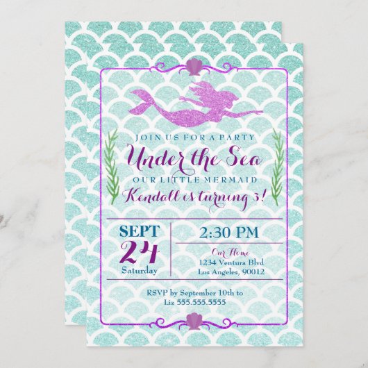 人魚の女の子の誕生日のパーティの招待状 招待状 (正面/裏面)