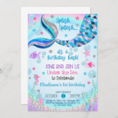 人魚の女の子の誕生日の招待。 招待状 (正面/裏面)