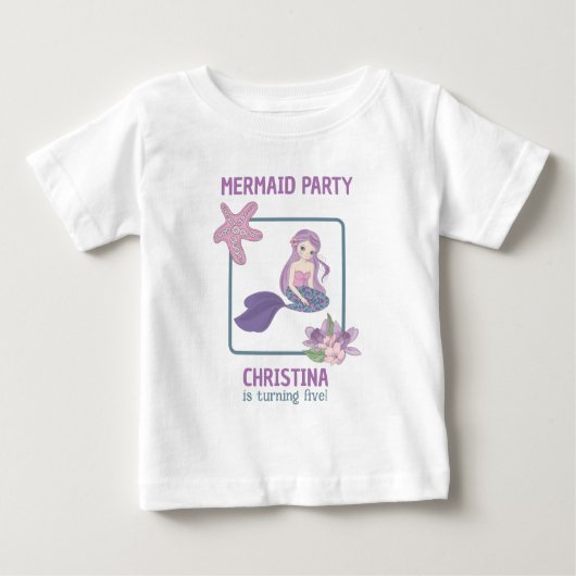 人魚の女の子の誕生日パーティー ティール パープル ベビーTシャツ (正面)