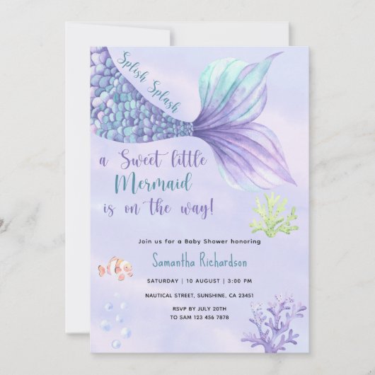 人魚の女の子の赤ちゃんシャワー海の下 招待状 (正面)