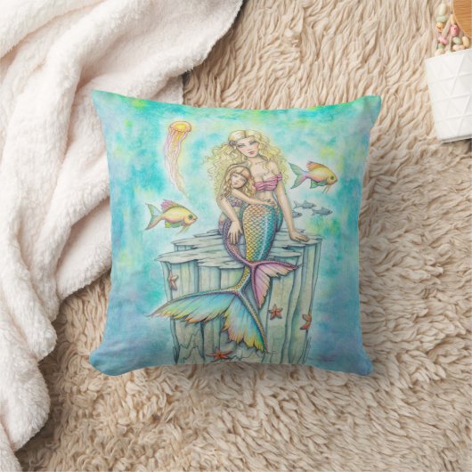 人魚の娘と母の幻想的な水彩画アート クッション (ブランケット)