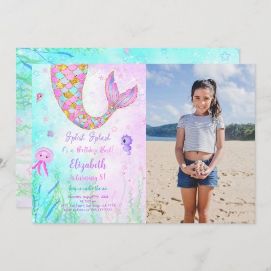 人魚の子供の誕生日写真招待状 招待状 (正面/裏面)