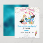 人魚の宝物 ゴールドのコンフェッティ プールパーティー お誕生日おめでとう 招待状 (正面/裏面)