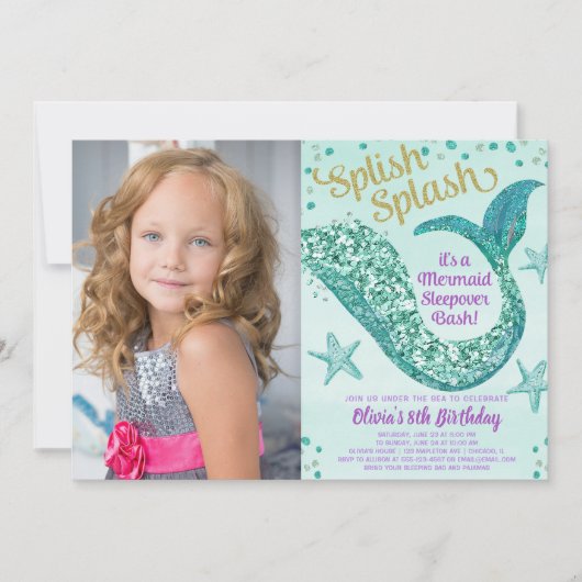 人魚の寝返りの誕生日パーティーの写真 招待状 (正面)