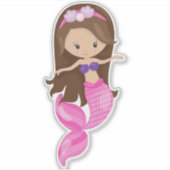 人魚の小娘，かわいい人魚，茶色の髪，貝殻 シール (正面)