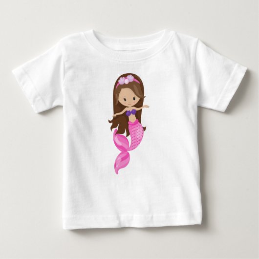 人魚の小娘，かわいい人魚，茶色の髪，貝殻 ベビーTシャツ (正面)