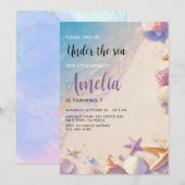 人魚の少女のビーチでの誕生日 招待状 (正面/裏面)