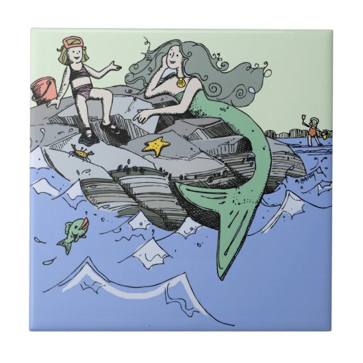 人魚の少女の夏のビーチでの友情 夢のようなひととき タイル (正面)