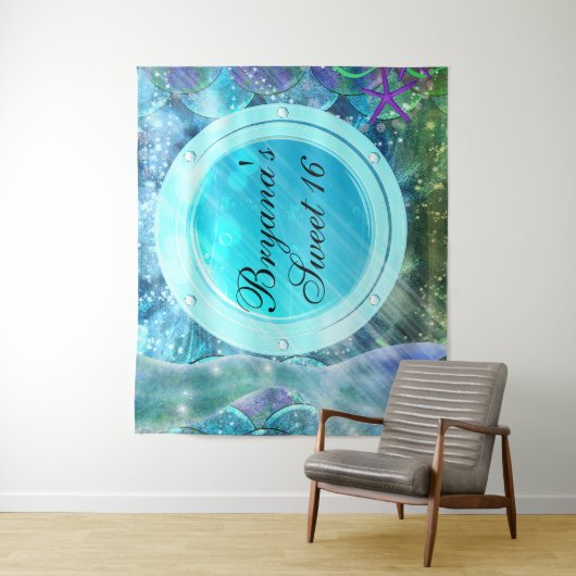 人魚の尾に魔法がかかった海の港のパーティー背景 タペストリー (インサイチュ)