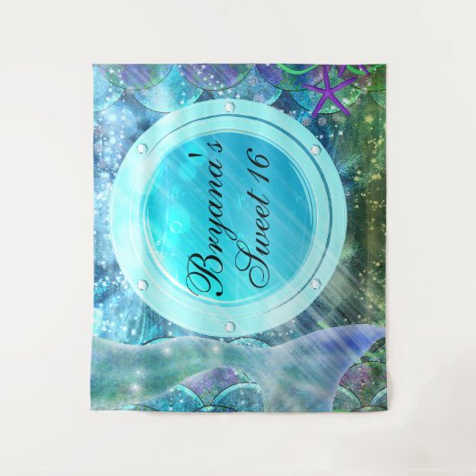 人魚の尾に魔法がかかった海の港のパーティー背景 タペストリー (正面)