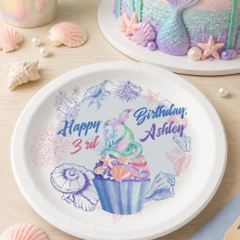 人魚の尾のカップケーキ 誕生日紙皿 ペーパープレート