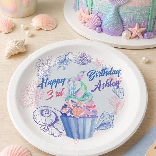 人魚の尾のカップケーキ 誕生日紙皿 ペーパープレート