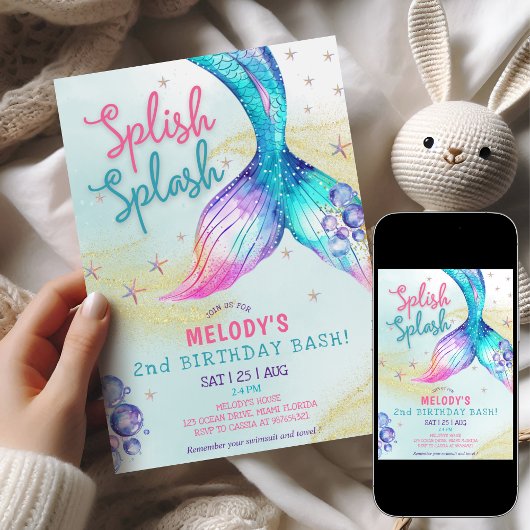 人魚の尾のグリッター 2歳の誕生日招待状 招待状