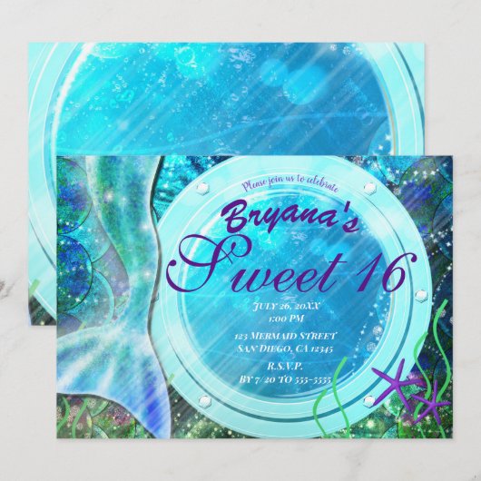 人魚の尾の魔法 海の下のスイート16誕生日 招待状 (正面/裏面)