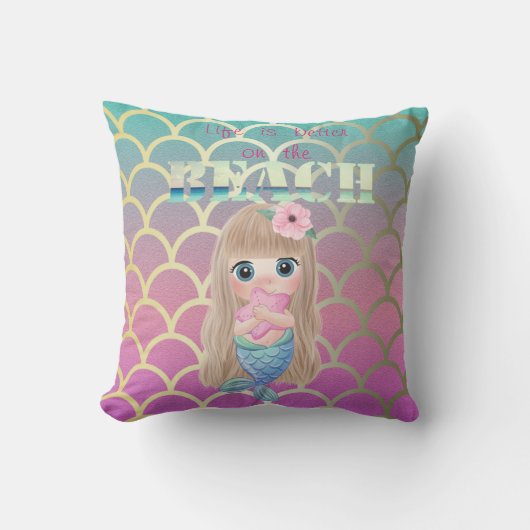 人魚の尾の鱗にいるかわいい赤ちゃんマーメイド クッション (正面)
