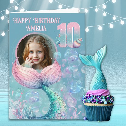 人魚の尾の10歳の誕生日カード(1枚の写真入り) カード