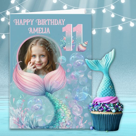 人魚の尾の11歳の誕生日カード(1枚の写真入り) カード