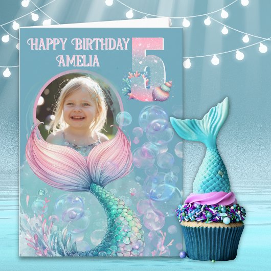 人魚の尾の5歳の誕生日カード(1枚の写真入り) カード